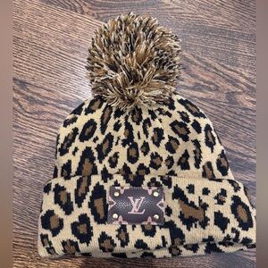 Leopard Pom Pom Beanie with Louis Vuitton patch